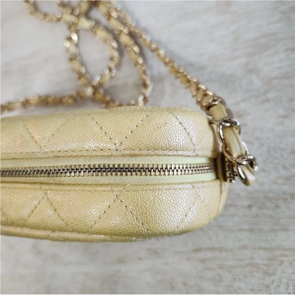 Rare 2019 Chanel Caviar Iridescent Yellow Camera Bag with Gold Hardware